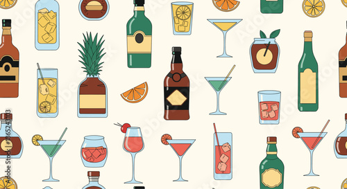 Seamless pattern background with a variety of colorful alcoholic beverages, including cocktails, wine, and liquor bottles, for a party or bar theme.