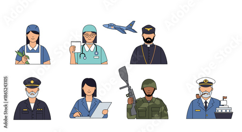 Collection of pixel art characters representing various professions, including a doctor, soldier, pilot, and sea captain, for retro 8-bit game design.