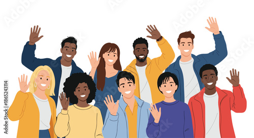 Friendly and diverse group of happy multicultural people smiling and waving their hands in a gesture of greeting, welcome, or farewell.