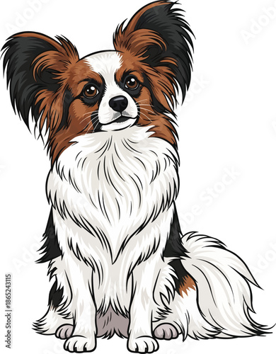 Papillon dog sitting tilting head cute curious stance facing front