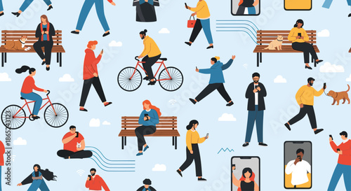 Seamless pattern showing diverse people using their smartphones for communication and social media while walking, cycling, and relaxing in a modern city.