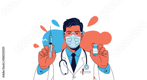 Confident male doctor wearing a protective face mask and holding up a syringe and a vial of vaccine for immunization against disease.