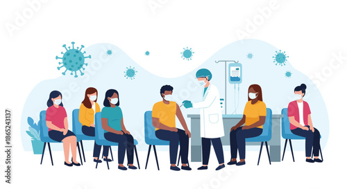 Diverse group of people in a clinic waiting to receive the Covid-19 vaccine, with a doctor administering the shot to a patient for immunization.