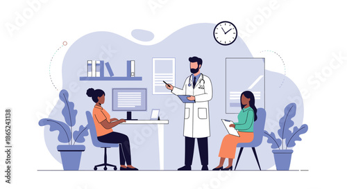 Male doctor in a white coat giving a consultation and explaining medical information to two female patients in a modern and bright clinic office.