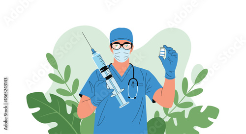 Male doctor or scientist in a surgical mask and scrubs holding a large syringe and a vaccine vial, ready for immunization or medical research.