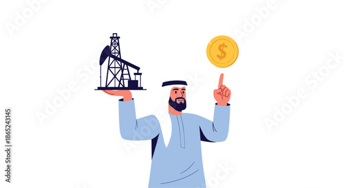 Arab businessman in traditional attire presenting an oil derrick while pointing to a floating gold dollar coin, symbolizing oil and gas profits.