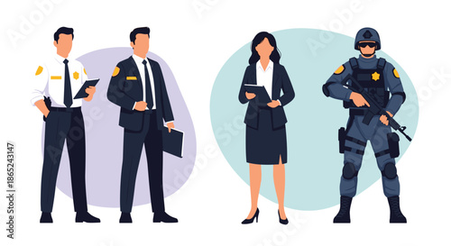 Group of law enforcement and security professionals, including police officers, a detective, and a SWAT team member, standing ready for duty.