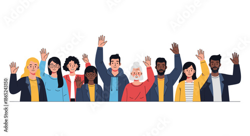 Large and diverse group of smiling people from different ethnicities and ages standing together and waving their hands in a friendly greeting.