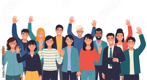 Large group of diverse and cheerful business and casual people standing together and waving their hands in a friendly greeting or welcome.
