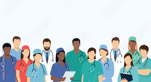 Large, diverse team of healthcare professionals, including doctors and nurses of various ethnicities, standing together as a unified medical force.