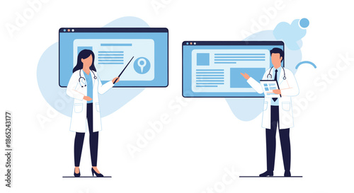 Male and female doctors giving a medical presentation, pointing at information displayed on large digital screens or whiteboards in a clinic.