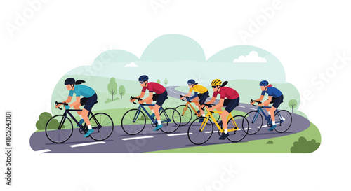 Group of female cyclists in professional gear competing in a road bicycle race through a green countryside landscape on a winding road.