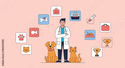 Male veterinarian standing with a dog and a cat, surrounded by icons representing pet care services like grooming, food, health, and rewards.