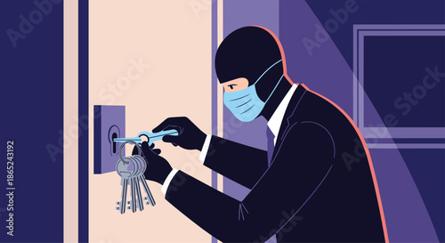 Burglar wearing a black balaclava and a face mask attempting to pick a door lock with tools, illustrating a modern-day home invasion.