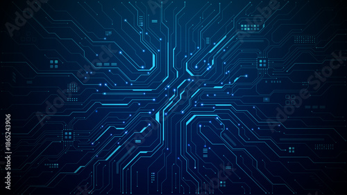 Blue circuit board pattern with digital chip elements and tech lines on dark background. Modern semiconductor design for technology concepts. Digital technology vector background. 