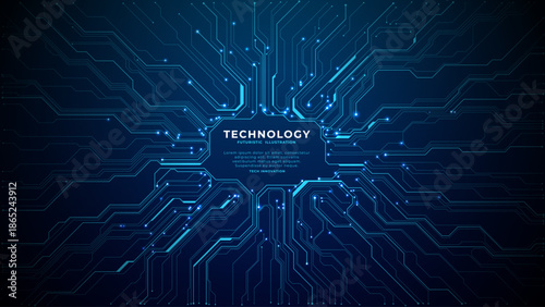 Blue circuit board design with electronic chip components and data lines creating futuristic tech pattern on dark digital background. Digital technology vector background. 
