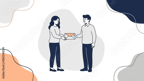 Happy Couple Exchanging Envelope, Modern Flat Illustration