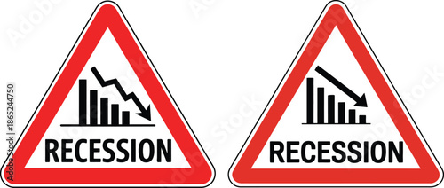 Economic Recession Warning Sign Icons with Downward Trend Graph