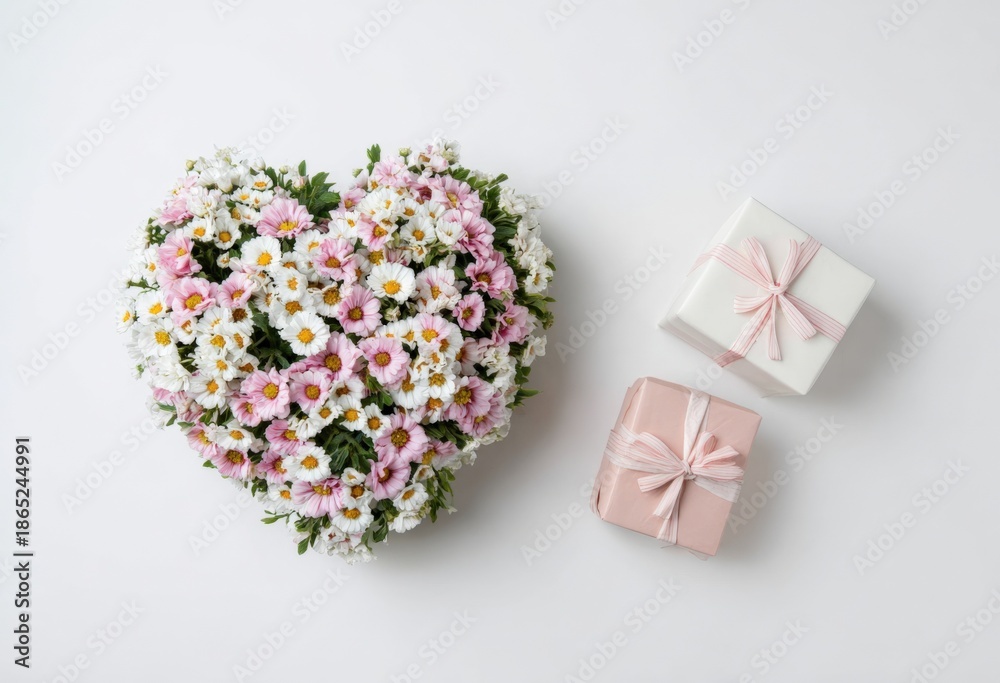 Obraz premium Heart-shaped floral arrangement with gift boxes on white background