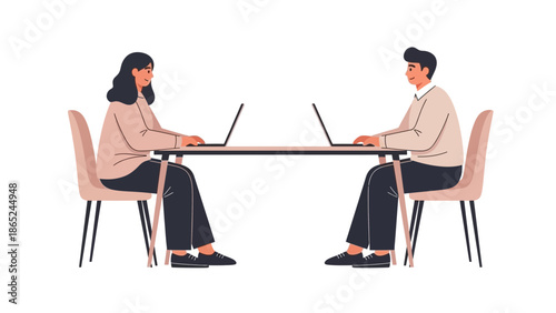 Man and woman working on laptops at a table, modern flat design illustration