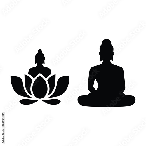 Buddha Meditation Silhouette with Lotus Flower on White Background