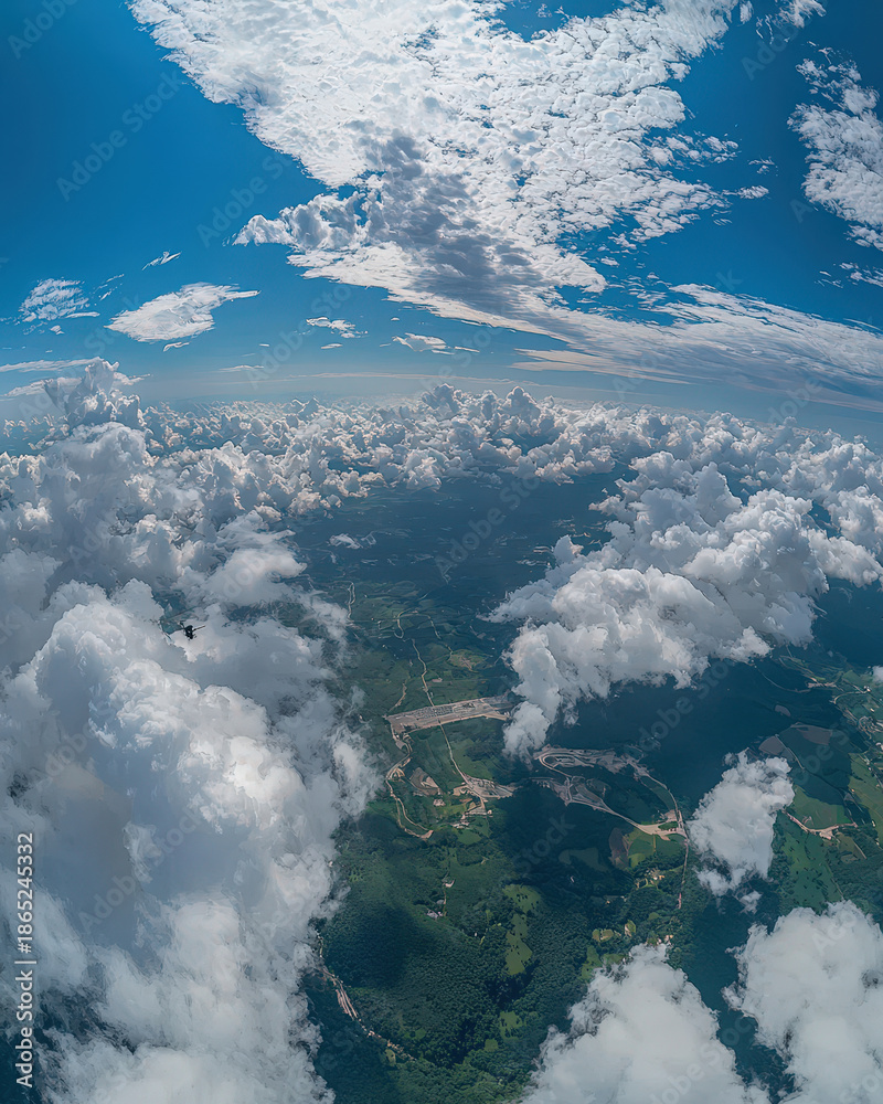 Naklejka premium Aerial cloudscape panoramic skydiving scene expansive countryside under dramatic sky high altitude adventure freedom thrill