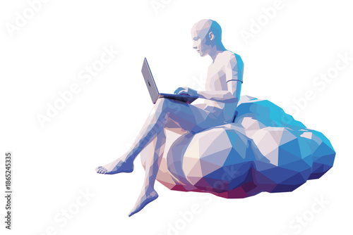 A man sits on a cloud working on his laptop in a modern geometric illustration