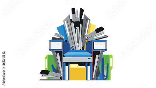 A colorful vector graphic illustration of office supplies and stationery items