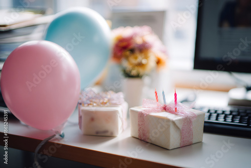 Office birthday celebration with gifts and balloons on a desk. Workplace party decoration with presents and computer. Employee appreciation concept