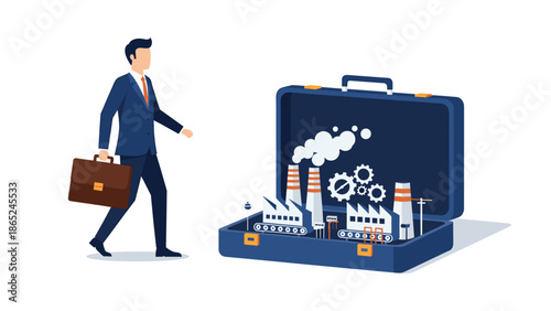 A businessman carries a briefcase walking towards an open suitcase with a factory inside