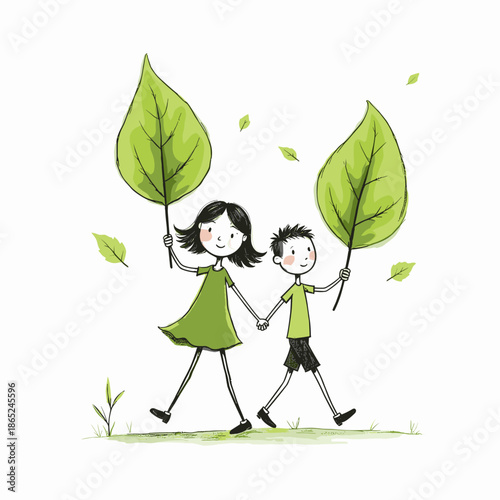 Children holding large green leaves while walking outdoors  