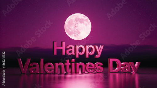 A 3d rendered happy valentines day greeting with pink text under a full moon on a dark purple night sky