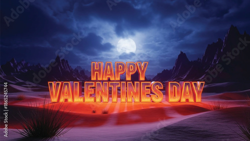 A dramatic 3d render of glowing happy valentines day text in a dark, moonlit desert landscape with mountains.