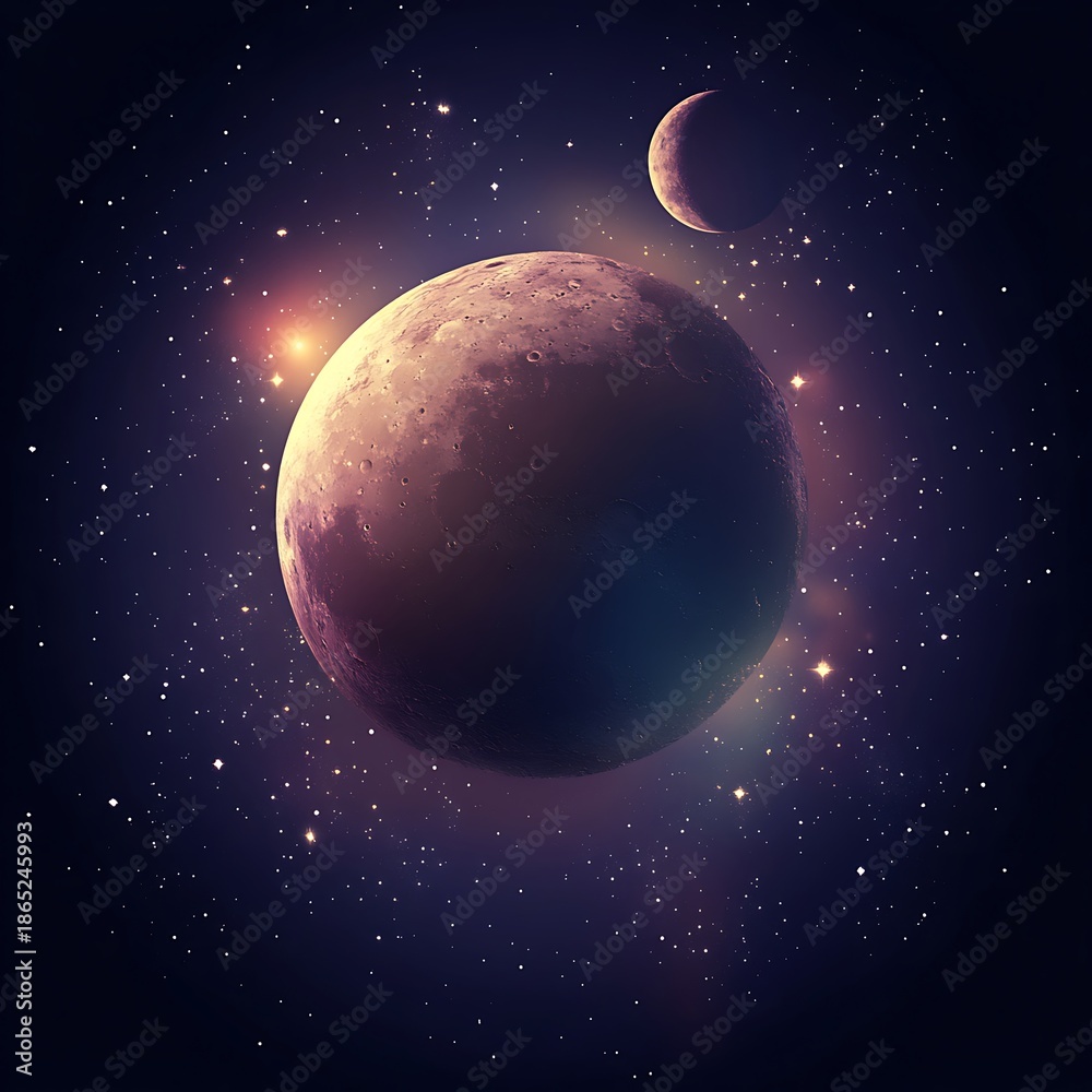 Naklejka premium Earth floating in space with the sun shining among stars and planets