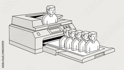 A minimalist line art illustration of a person copying others from a copier machine