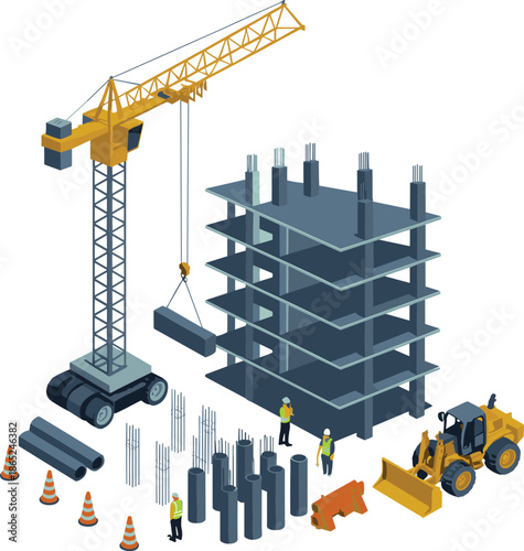 Modern, multi story building construction site with tower crane, workers, heavy machinery, concrete structure, urban development, engineering industry concept render