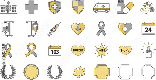 Cancer awareness symbols and medical icons for support and hope in healthcare