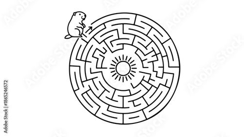 Hamster navigating through circular maze to sun