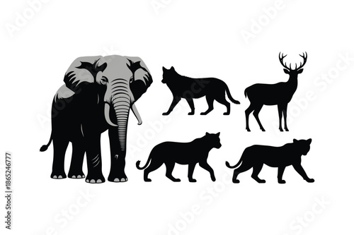 Silhouette of elephant and various animals including deer and wolves in black