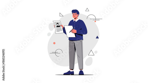 Man filling out resume, professional profile, job application, career development, flat design illustration