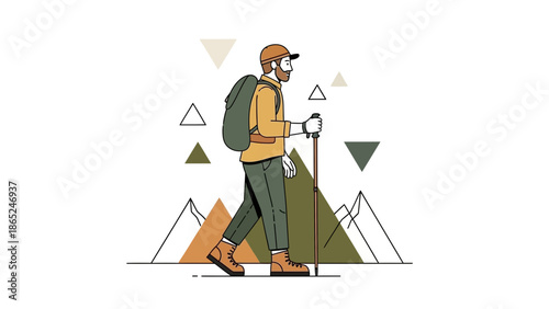 Man hiking with backpack and trekking poles in mountains, geometric style