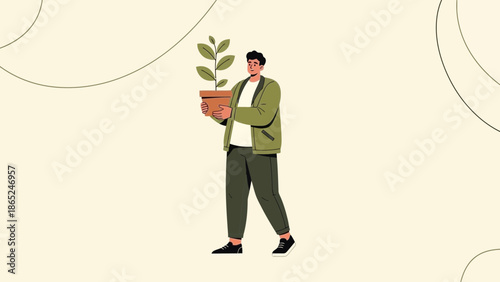 Man holding a potted plant, illustration, growth concept, new beginnings, sustainable living