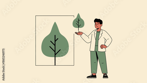 Man holding a small tree next to a large framed tree illustration, symbolizing growth and nature care.