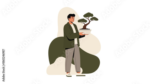 Man Holding Bonsai Tree Plant in Pot, Minimalist Flat Illustration