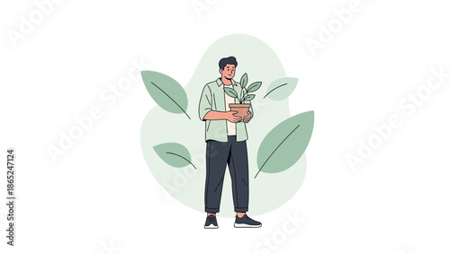 Man Holding Potted Plant Surrounded by Leaves, Eco-Friendly Lifestyle Concept