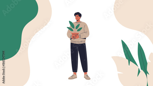Man Holding Potted Plant with Abstract Organic Shapes and Leaves