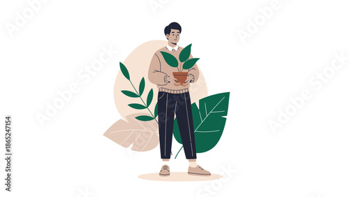 Man Holding Potted Plant with Green Leaves, Lifestyle Illustration