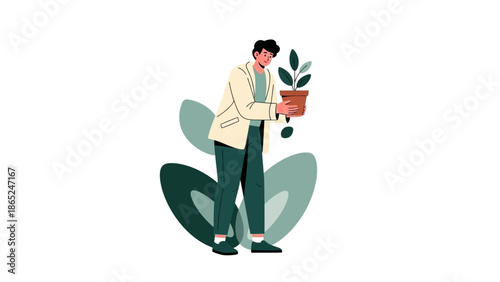 Man Holding Potted Plant, Growing Concept, Business Growth, Sustainability, Flat Illustration
