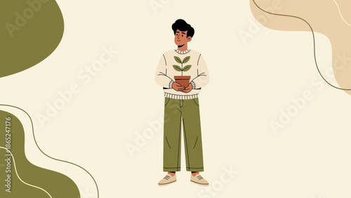 Man Holding Potted Plant, Growth Concept, Eco Friendly, Natural Lifestyle Illustration