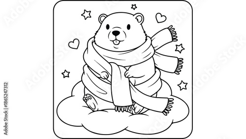 polar bear sitting on cloud wearing scarf with hearts and stars